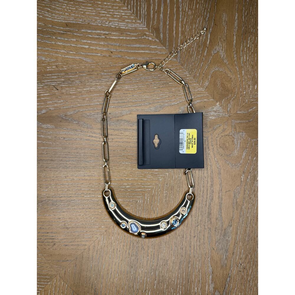 INC Gold Tone Crescent Necklace Blue Crystal Stone Statement Collar NEW - Picture 3 of 4